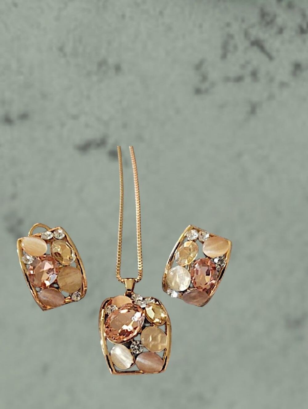 Gold-tone Pendant Necklace and Earrings Set with Peach Crystal Accents